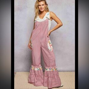 POL Red and White Striped Jumpsuit with Floral Accents